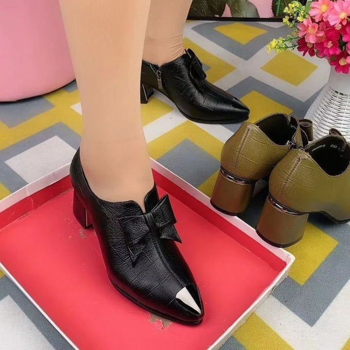 Damen nan elegante Pumps mit spitzer Metallkappe, dekorativer Schleife, seitlichem Reißverschluss und mittelhohem Blockabsatz Drune