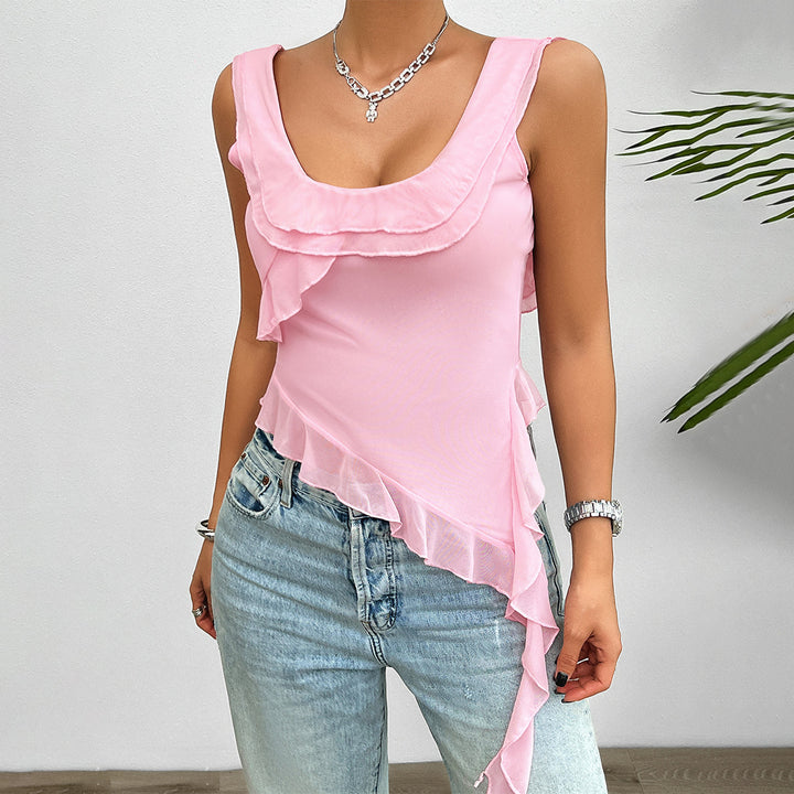 Damen asymmetrisches Rüschentop mit tiefem Ausschnitt und verführerischen Details Drune