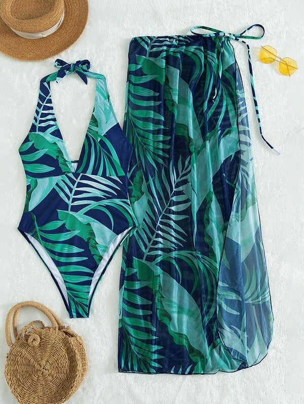 Damen Eleganter Einteiler mit blumigen Mustern und passendem Sarong Drune