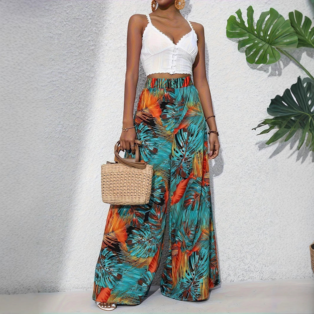 Damen Palazzo-Hose mit lebendigem Palmenmuster und elastischem High-Waist-Bund Drune