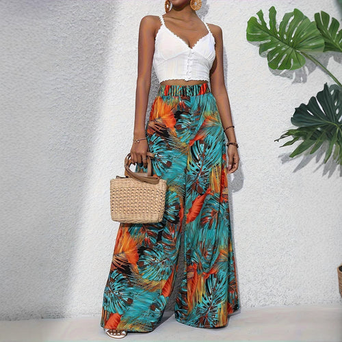 Damen Palazzo-Hose mit lebendigem Palmenmuster und elastischem High-Waist-Bund Drune
