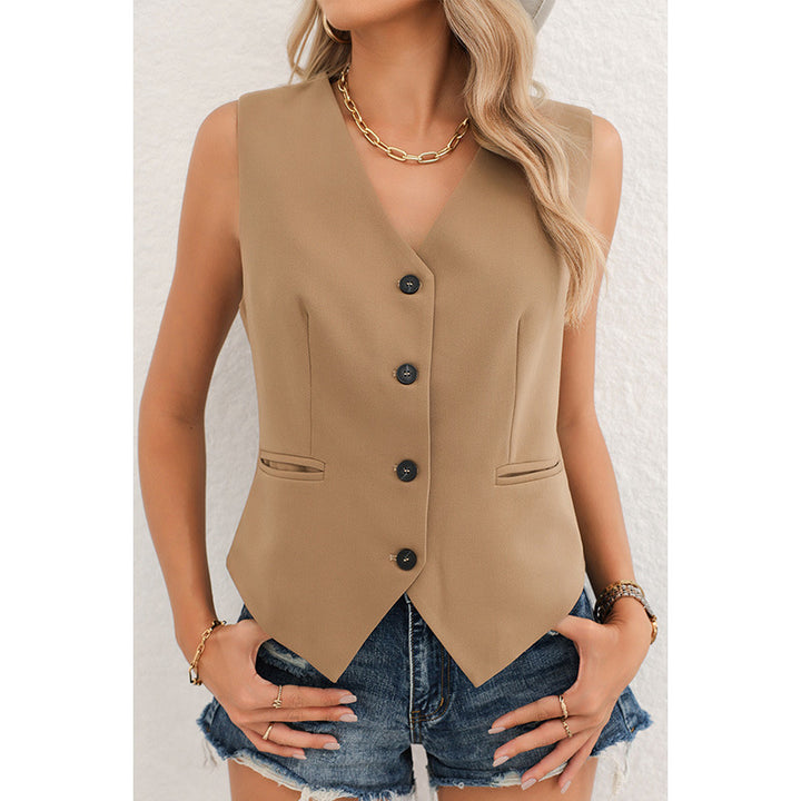 Damen ärmellose Bluse mit elegant schmalem Schnitt und Knopfleiste Drune