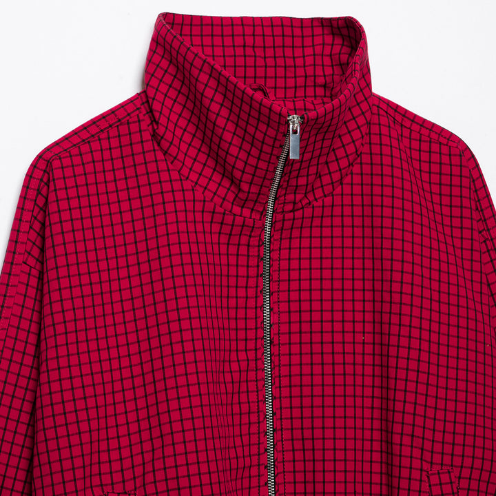 Damen Karierte Cropped Jacke mit Stehkragen und Reißverschluss Drune