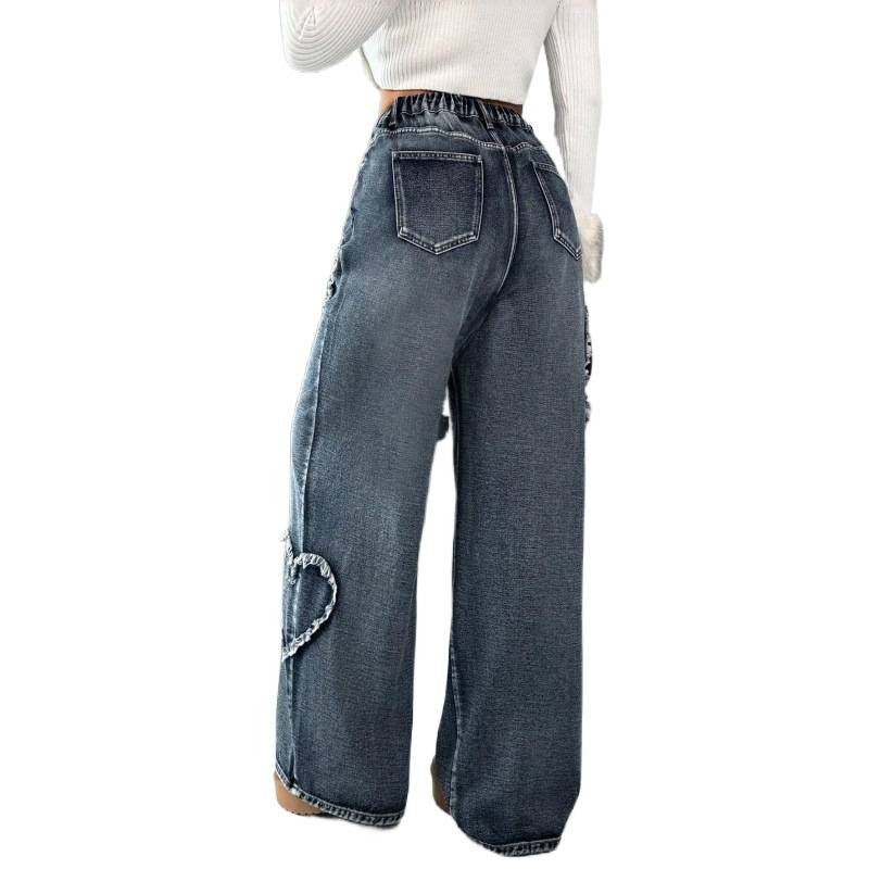 Damen Weite Jeans mit Herz-Stickerei und lässigem Schnitt Drune