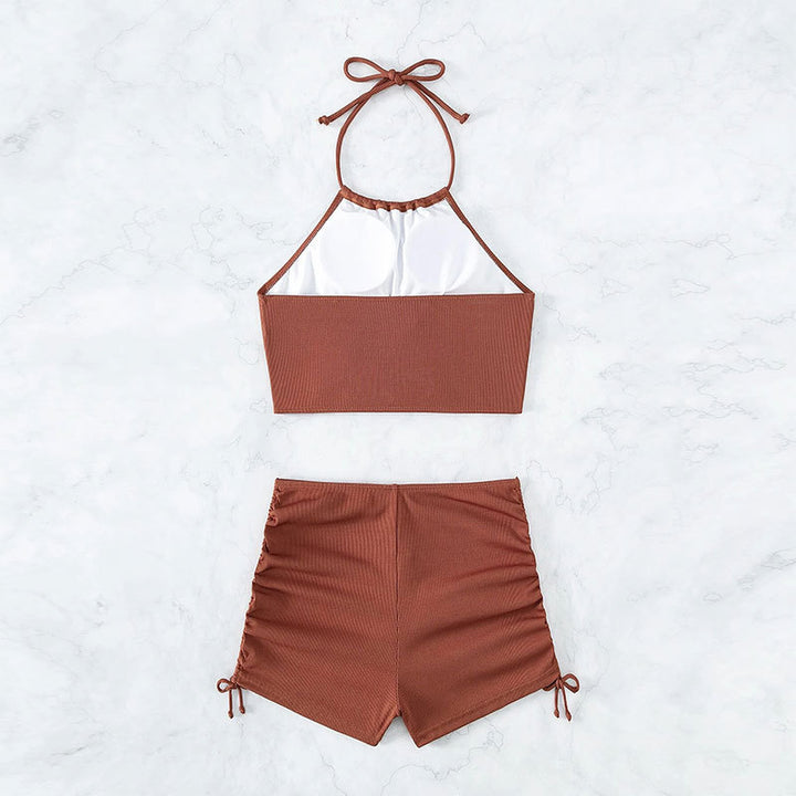 Damen Bikiniset mit gerafftem Crop-Top und freizügigen Shorts Drune