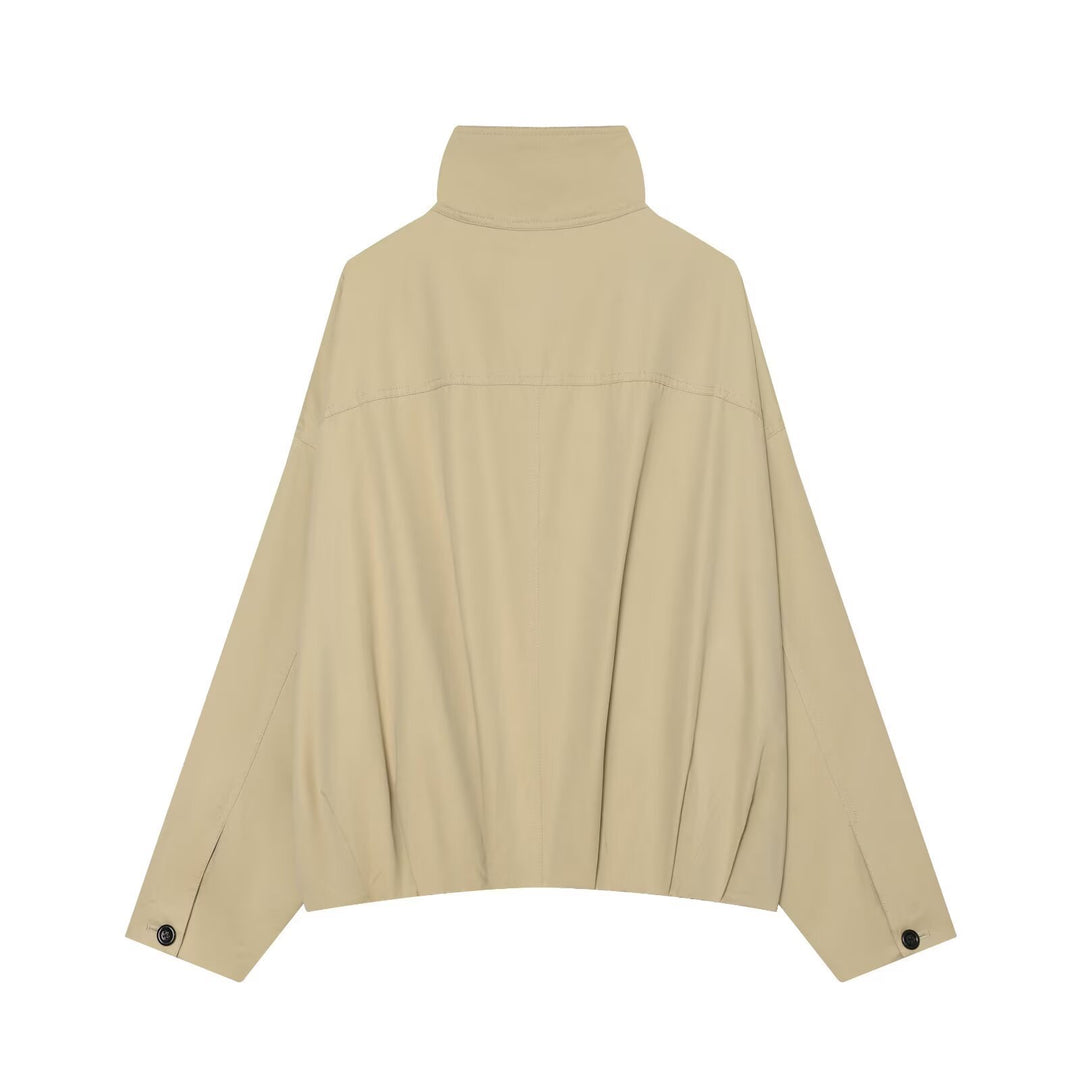 Damen Cropped Capejacke mit hohem Stehkragen, überschnittener Ärmel und Knopfleiste Drune