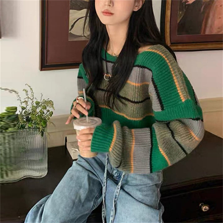 Damen lässiger cropped Strickpullover mit breiten Ärmel und Streifenmuster Drune
