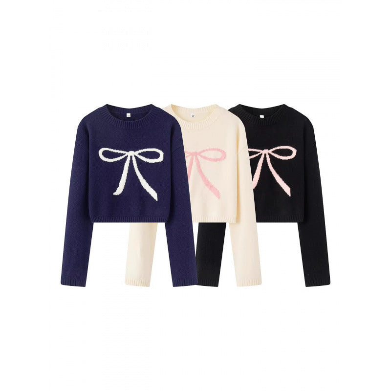Damen Cropped Pullover mit verspieltem Schleifenmotiv Drune