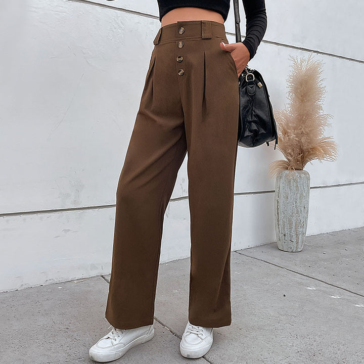 Damen Hochtaillierte weite Stoffhose mit Zierknopfleiste und Bundfalten Drune