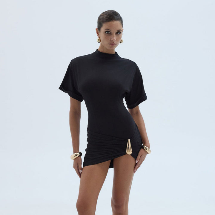 Damen figurbetontes Minikleid mit elegantem Wickeldesign und goldenen Akzenten Drune