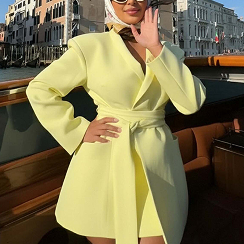 Damen Elegante Sommerjacke mit Bindegürtel und praktischen Taschen Drune