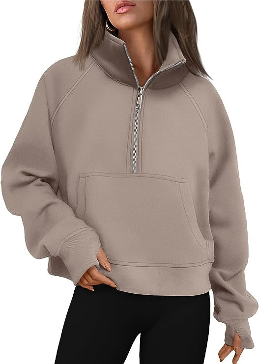 Damen nan verkürztes Oversize-Fleece-Sweat mit halbem Reißverschluss, Stehkragen, Kängurutasche und Daumenlochbündchen Drune