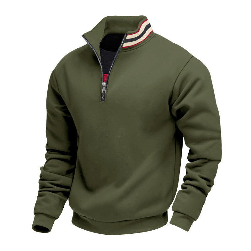 Herren nan Stehkragen-Halbzip-Sweatshirt aus Baumwollfleece mit Kontraststreifen am Kragen und gerippten Bündchen Drune
