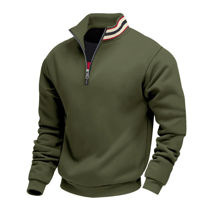 Herren nan Stehkragen-Halbzip-Sweatshirt aus Baumwollfleece mit Kontraststreifen am Kragen und gerippten Bündchen Drune