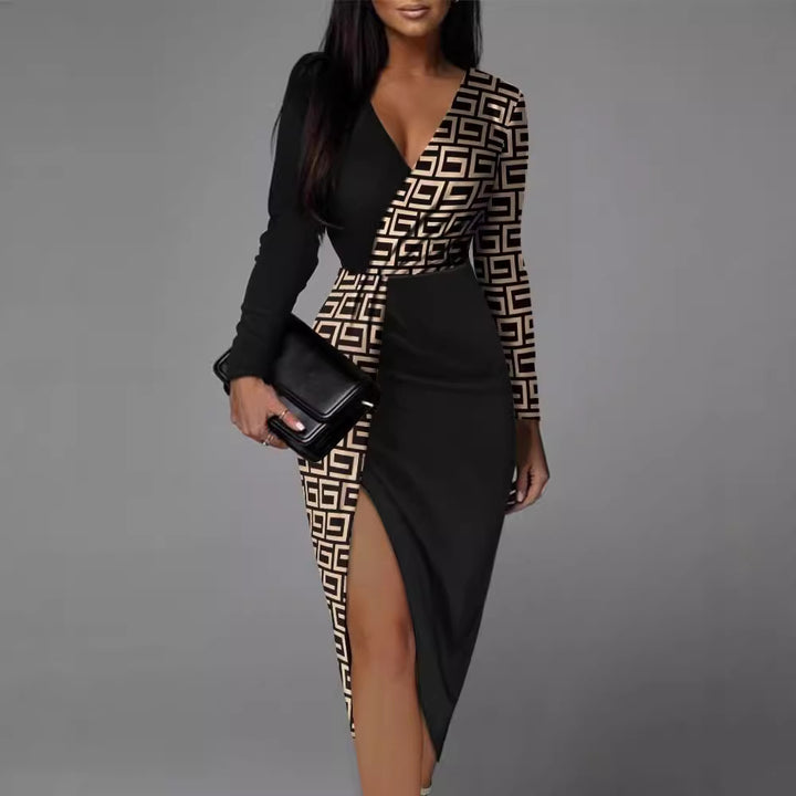 Damen Elegantes Maxi-Kleid mit aufregendem seitlichem Schlitz und grafischem Muster Drune