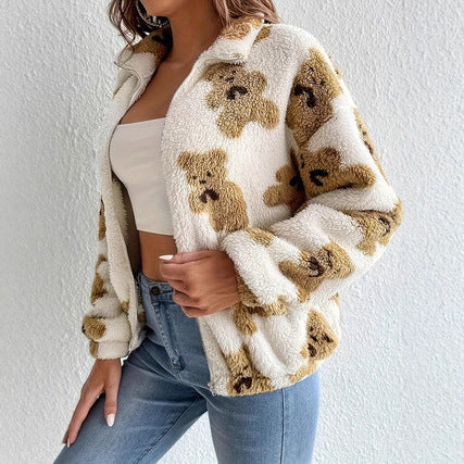Damen Fleecejacke mit Bärenmuster und Stehkragen Drune