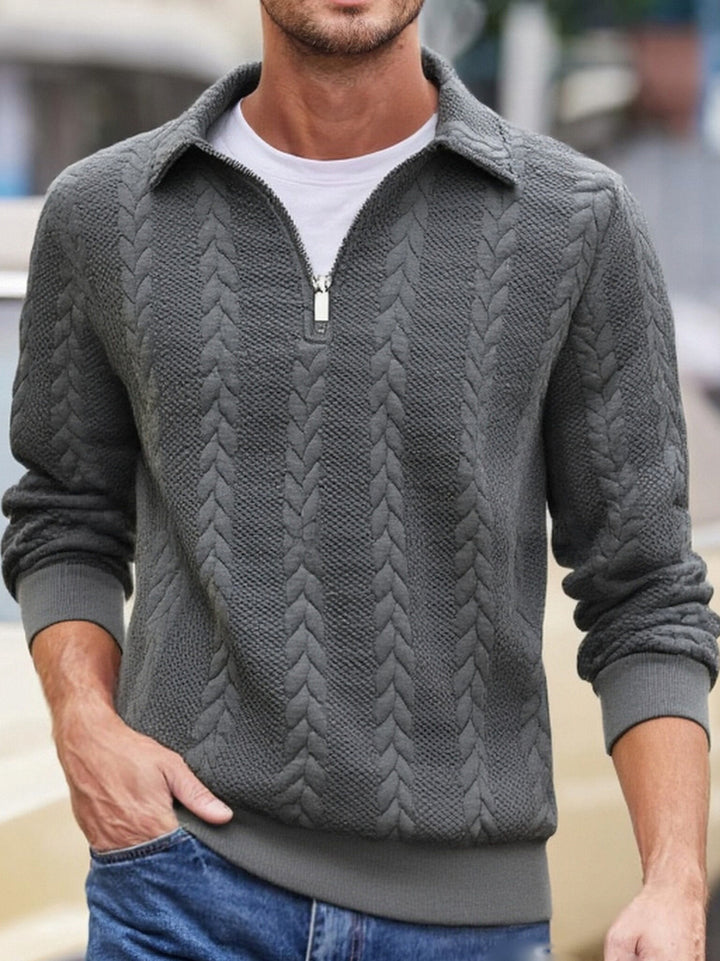 Herren Feinstrukturierter Zopfstrickpullover mit Kurzreißverschluss und Kentkragen Drune