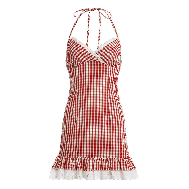 Damen Sommerkleid mit kariertem Muster und Rüschensaum Drune