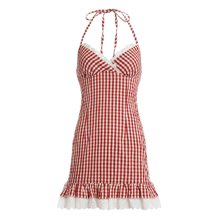 Damen Sommerkleid mit kariertem Muster und Rüschensaum Drune