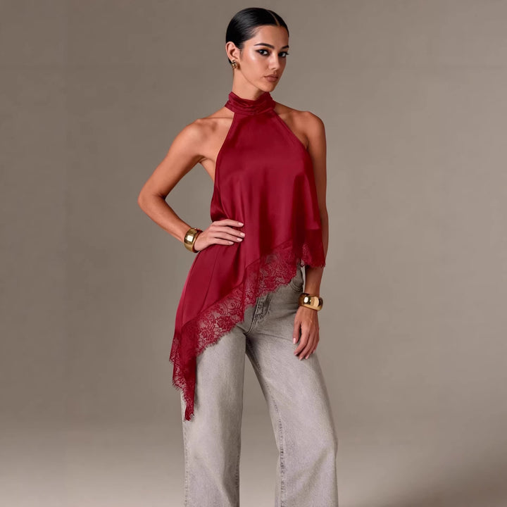 Damen luftiges Chiffon-Top mit eleganter Spitzenverzierung Drune
