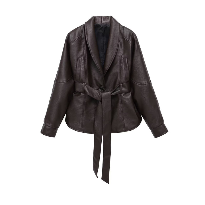 Damen nan kastiger Kunstlederjacke mit Schalkragen, Taillengürtel und genarbter Oberfläche Drune