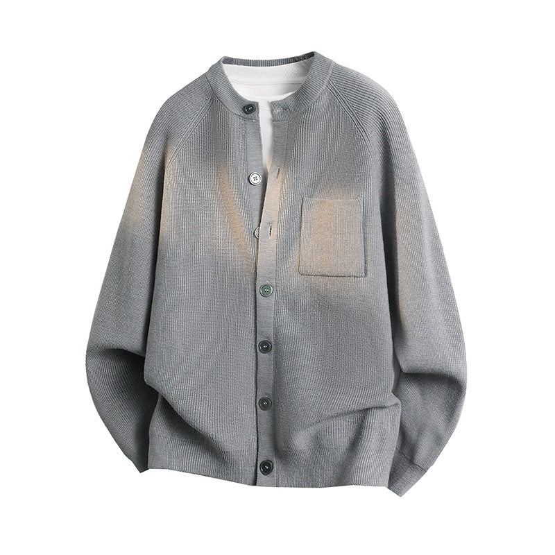 Unisex Leichter Feinstrick-Cardigan mit Rundhalsausschnitt, Brusttasche und Raglanärmeln Drune