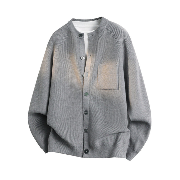 Unisex Leichter Feinstrick-Cardigan mit Rundhalsausschnitt, Brusttasche und Raglanärmeln Drune
