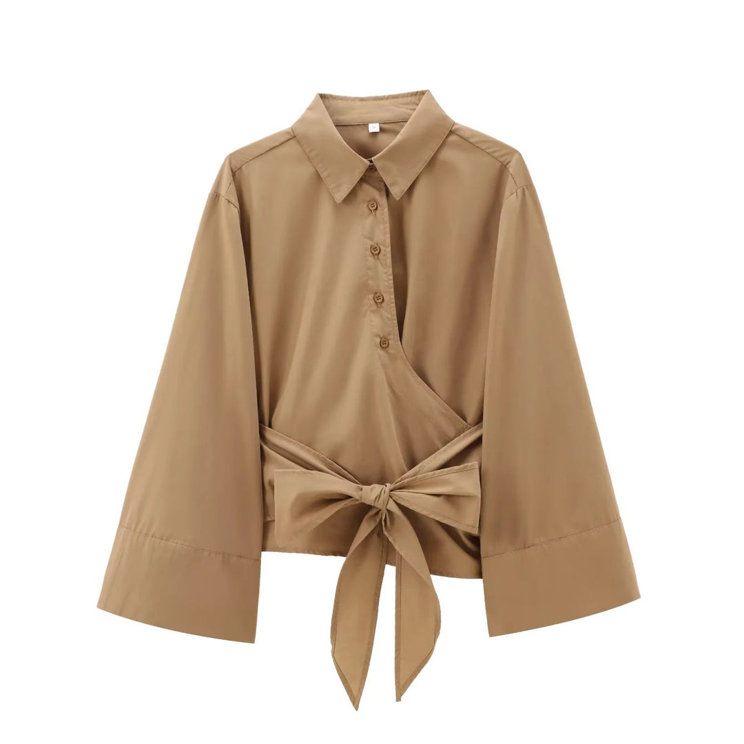 Damen 200+ elegante Wickelbluse mit weiten Kimonoärmeln und Taillenschleife Drune