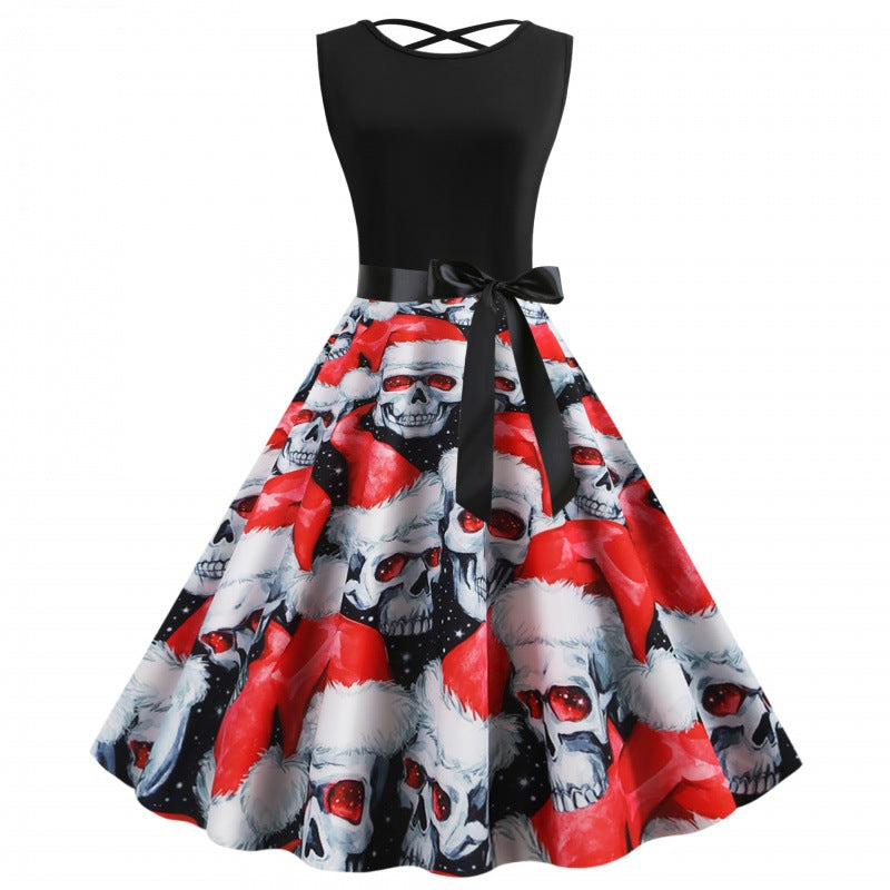 Damen Swingkleid mit kreativem Totenkopf- und Weihnachtsmotiv Drune