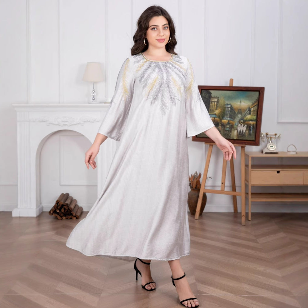 Damen Fließendes Maxikleid mit besticktem Rundhalsausschnitt und 3/4-Ärmeln Drune