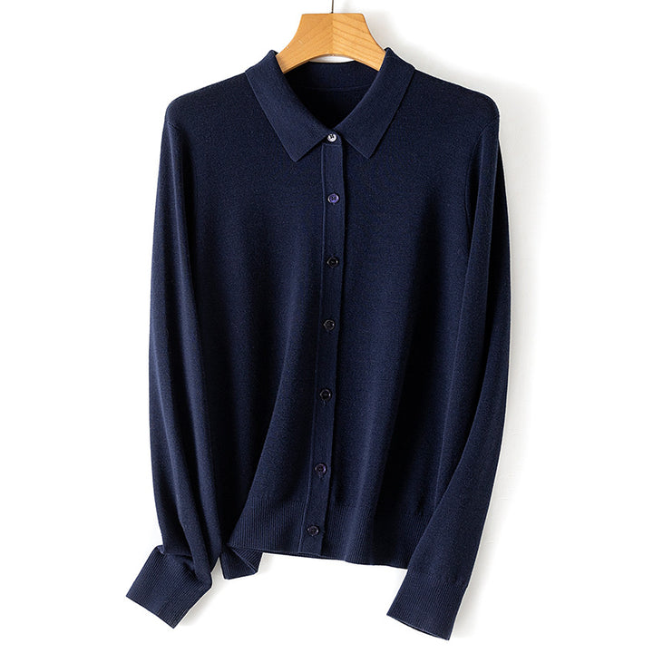 Damen Feiner Knopfcardigan mit Hemdkragen und feinem Feinstrick Drune