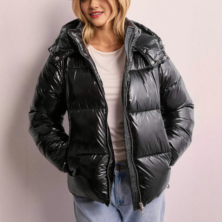 Damen Trendige Hochglanz Daunenjacke mit Kapuze