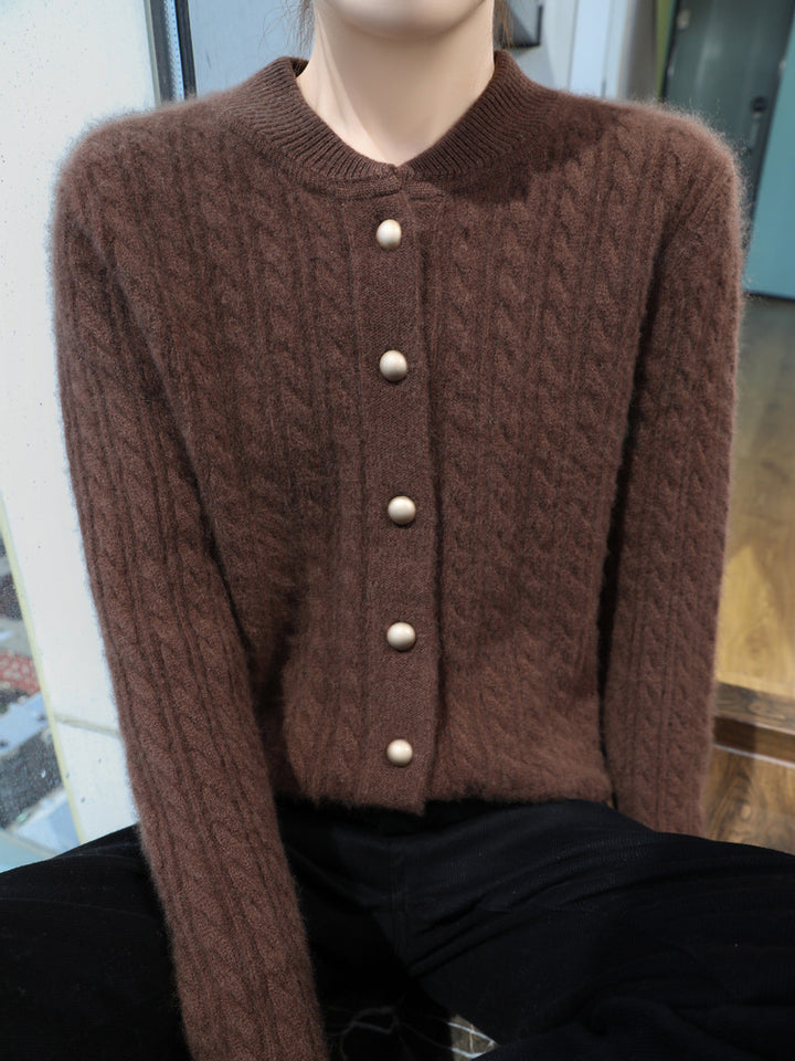 Damen Leichter Zopfstrick-Cardigan in Mohair‑Optik mit dekorativen Perlmuttknöpfen Drune