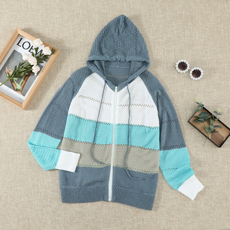 Damen lässige Strickjacke mit Kapuze und dekorativem Lochmuster Drune