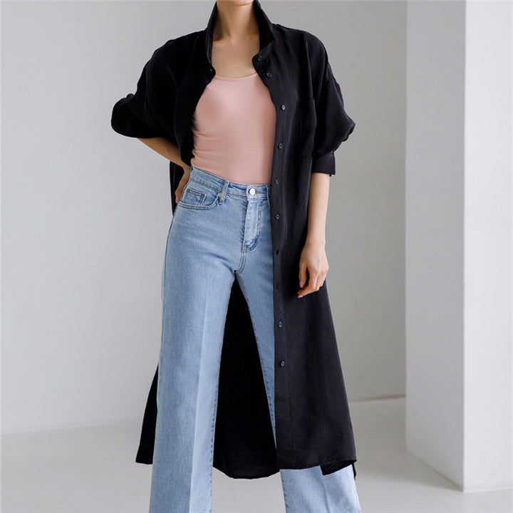 Damen Weites Oversize-Hemdblusenkleid mit Brusttasche und hohen Seitenschlitzen Drune