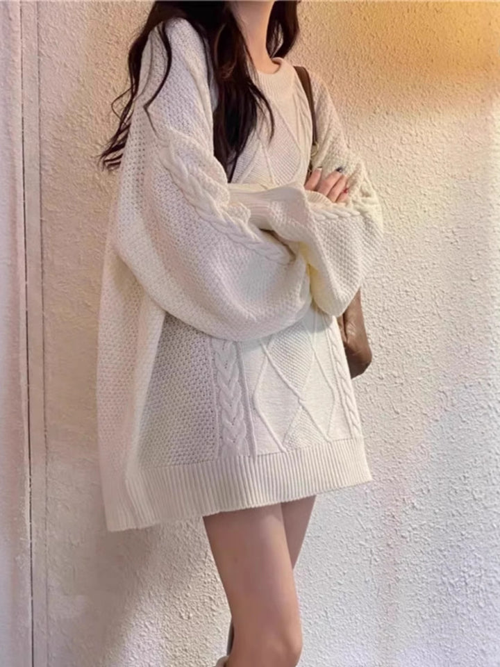 Damen Oversize Zopfmuster-Longpullover mit Rundhals und Ballonärmeln Drune