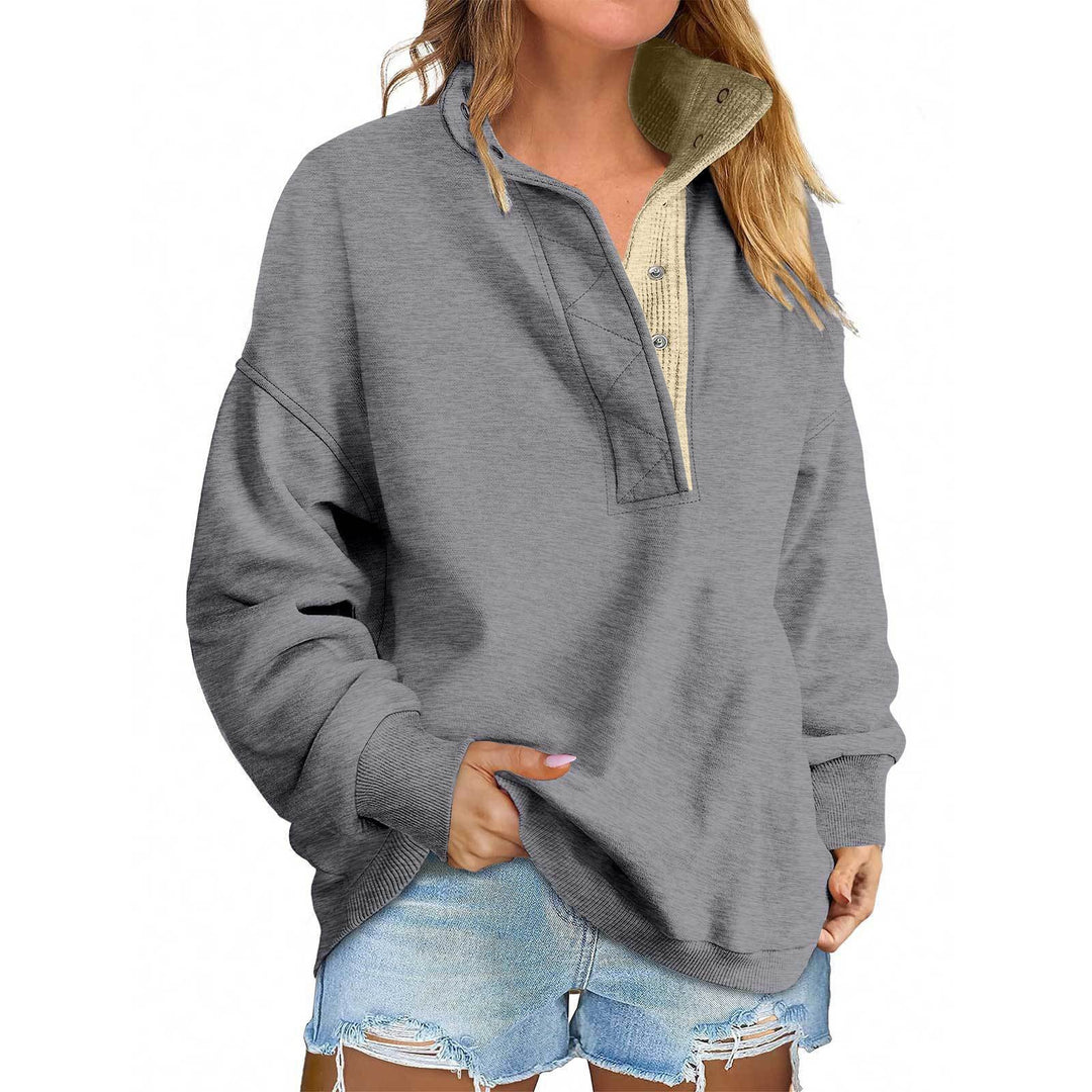 Damen Oversize-Henley-Sweatshirt mit Stehkragen und Druckknopfleiste Drune