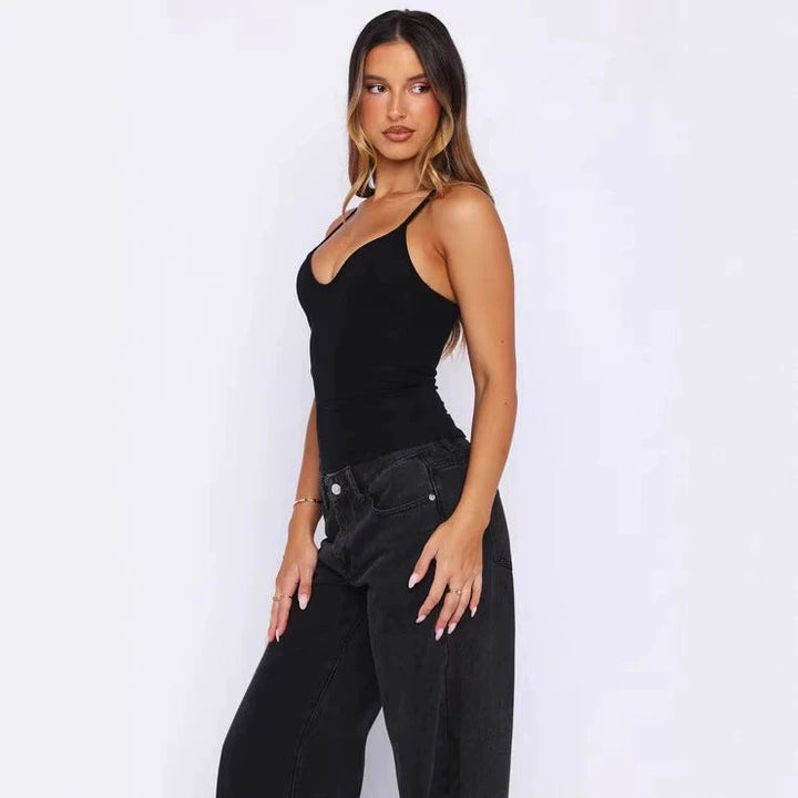 Damen Figurnahes Tanktop mit tiefem V-Ausschnitt und breiten Trägern Drune