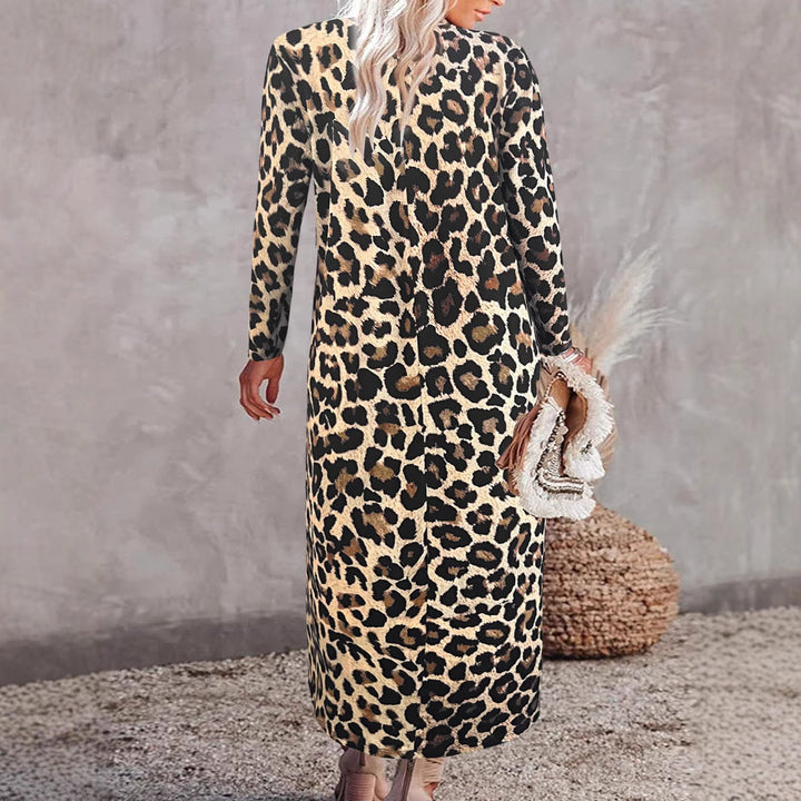 Damen Maxi-Kleid im Leoprint mit V-Ausschnitt, dreiviertelärmeln und weiter A‑Linie Drune