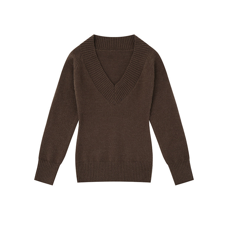 Damen Feinstrickpullover mit tiefem V-Ausschnitt, breitem Ripprand und legerer Passform Drune