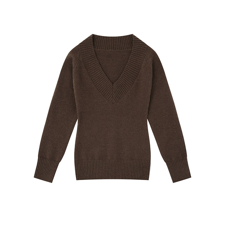 Damen Feinstrickpullover mit tiefem V-Ausschnitt, breitem Ripprand und legerer Passform Drune