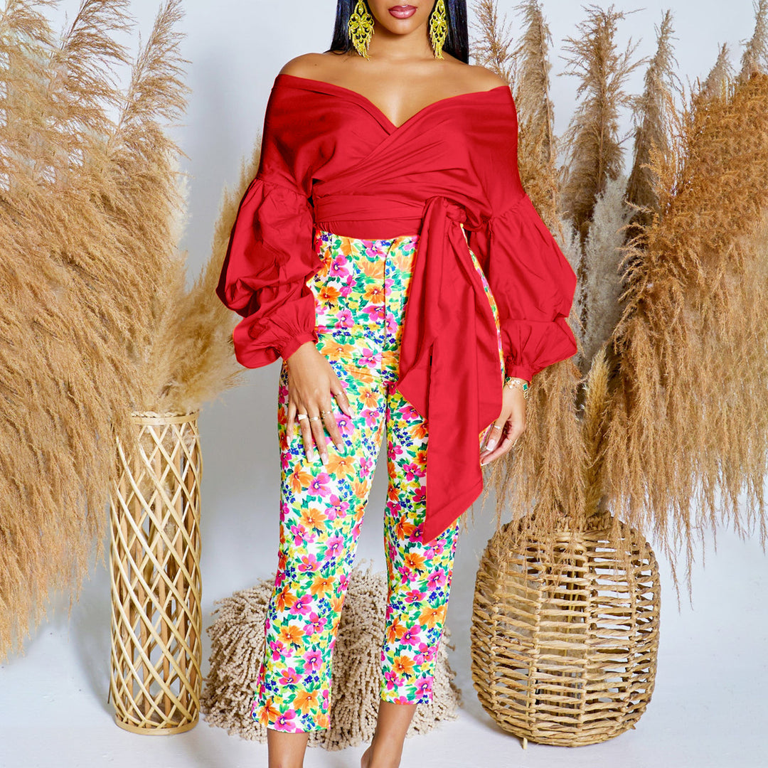 Damen Wickelbluse mit voluminösen Ärmeln und elegantem Taillengürtel Drune