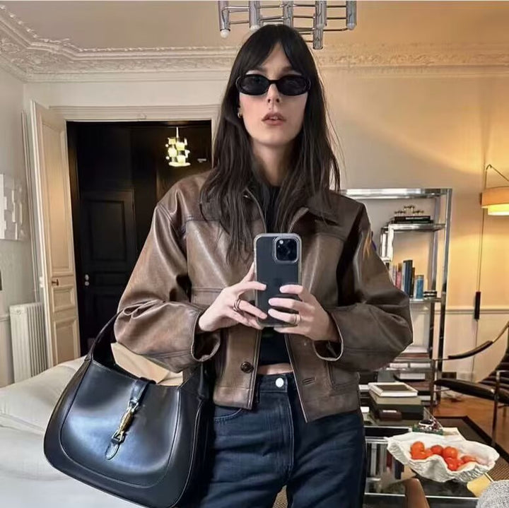 Damen Kurzjacke aus veganer Lederoptik im kastenförmigen Worker Look Drune