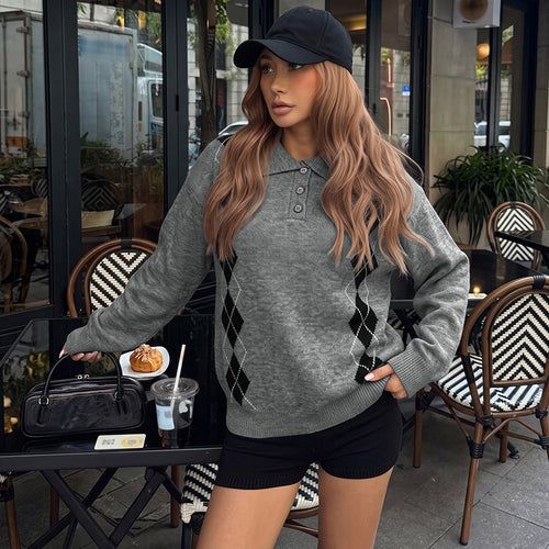 Damen Eleganter Strickpullover mit Polo-Kragen und Rautenmuster Drune