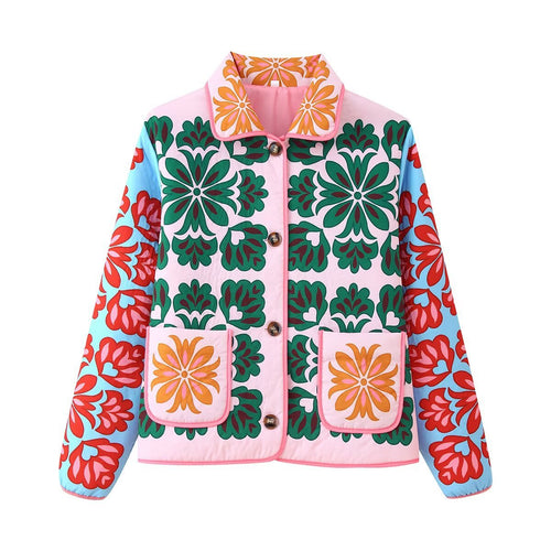 Damen 10+ gequiltete Steppjacke mit folklorischem Blumenprint und aufgesetzten Taschen Drune