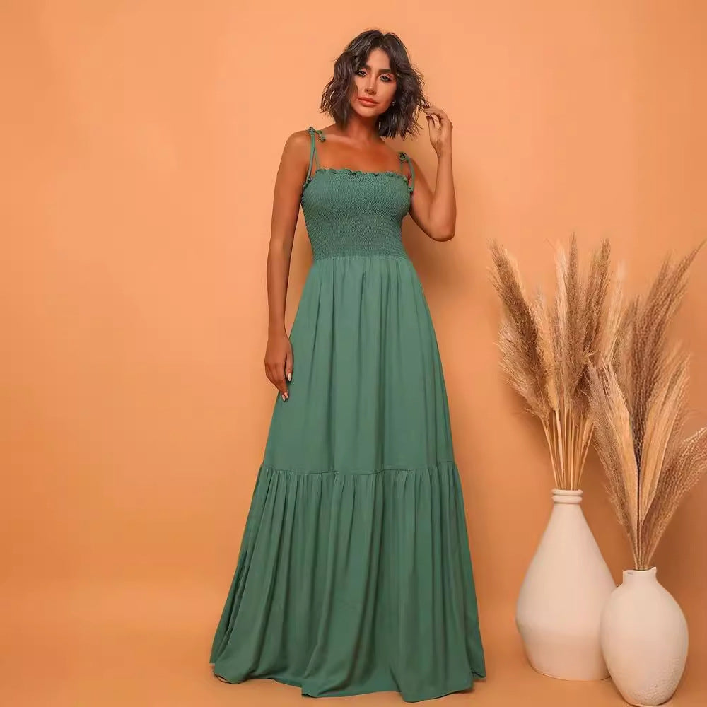 Damen Maxikleid mit elastischem Oberteil und verspieltem Bindeband Drune