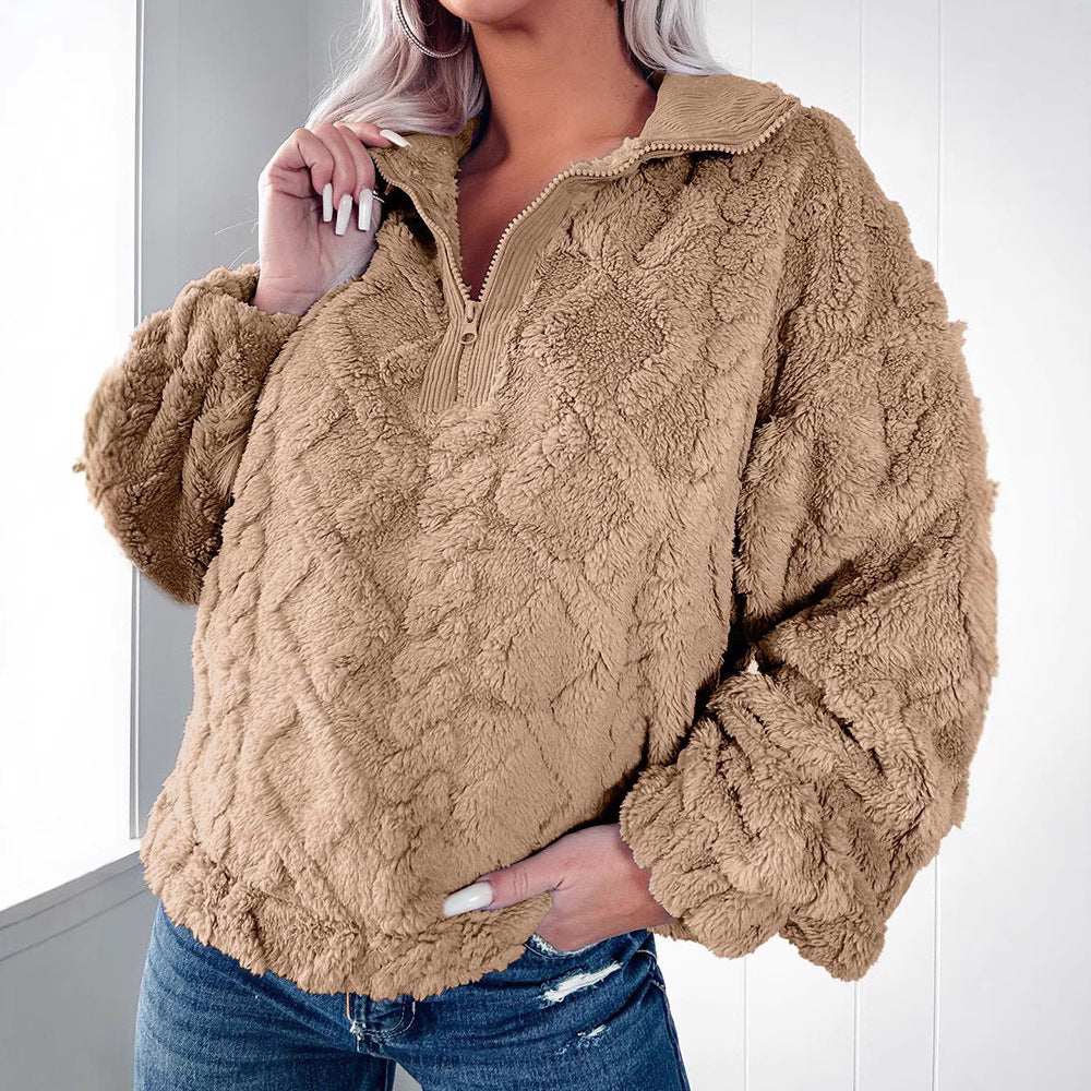 Damen Flauschiger Zip-Pullover mit strukturiertem Design Drune