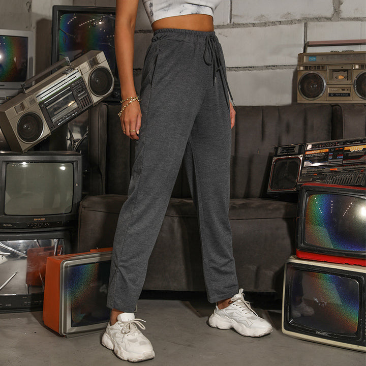 Damen Lässige High‑Waist Relaxhose mit weitem Bein, elastischem Bund und Tunnelzug Drune
