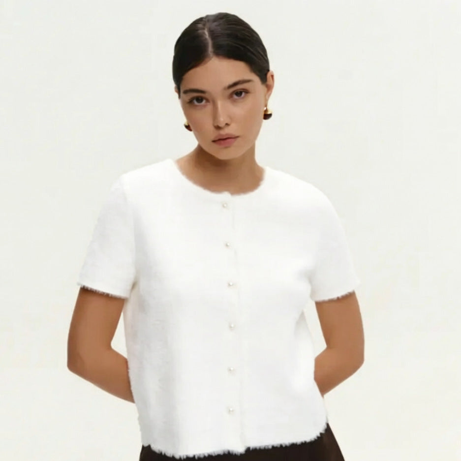 Damen Flauschiger Strickpullover mit Perlenknöpfen Drune