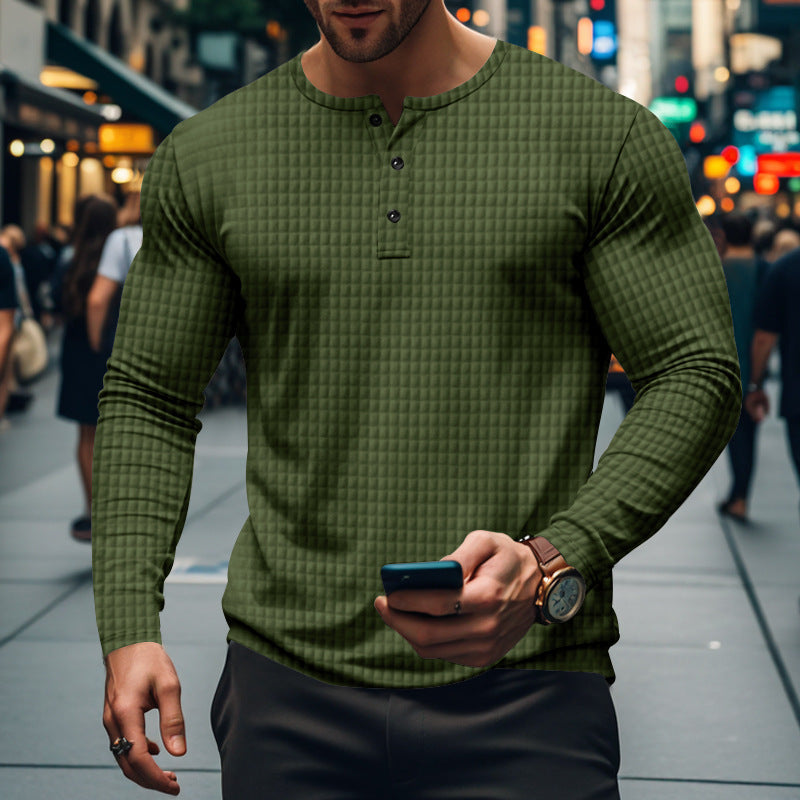 Herren nan figurbetontes Langarmshirt mit Rundhals-Knopfleiste und Waffelstruktur Drune